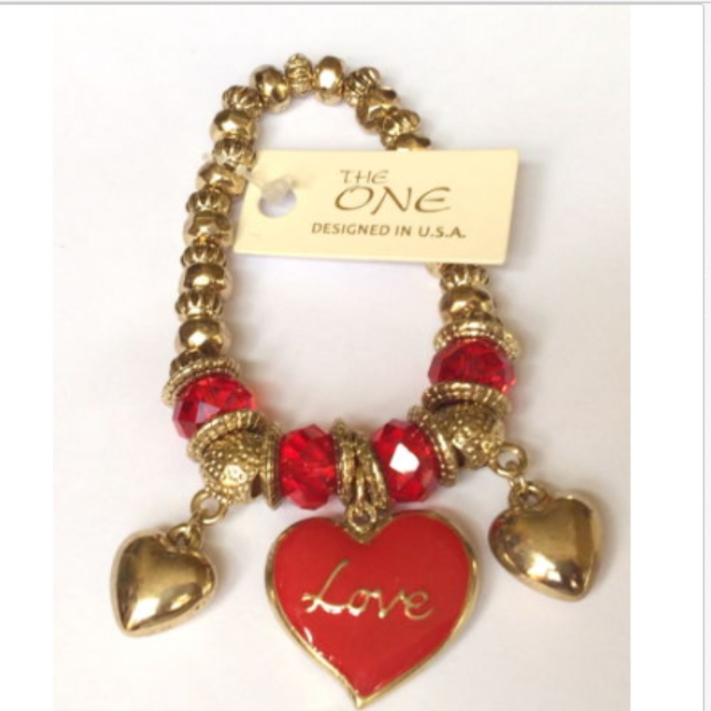Gold Heart LOVE Charm Bracelet Red Enamel Adjustable Stretch Plated Valentine